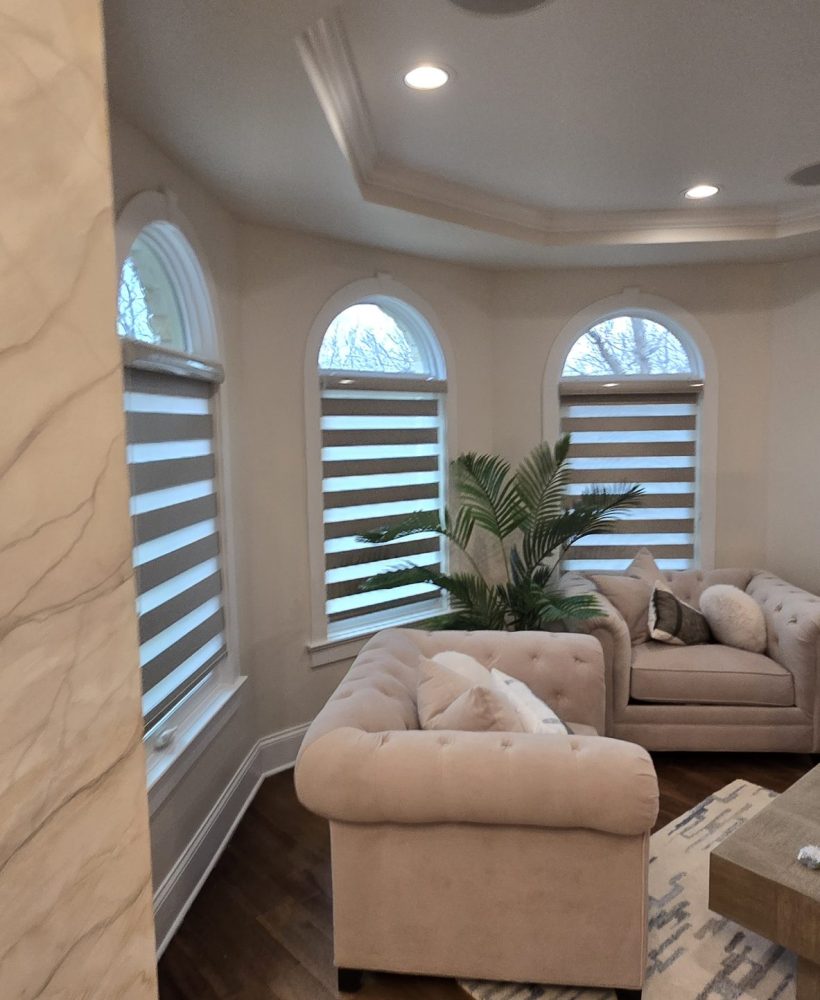 Arched-window space with zebra blinds